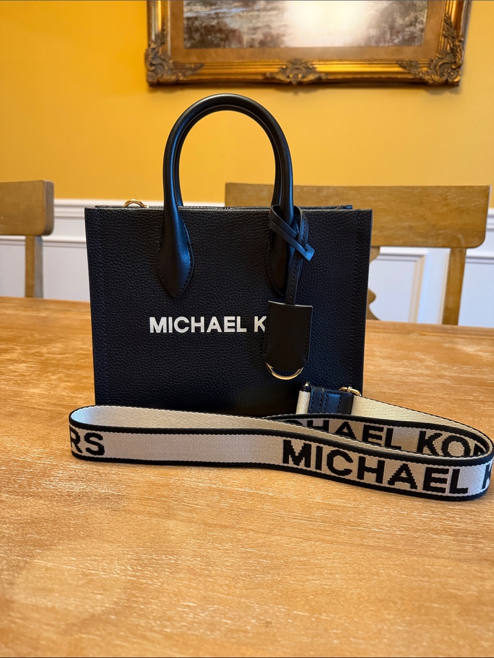 Michael Kors Black Leather Mini Tote with White Logo and Cream Guitar Strap